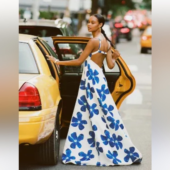 Sau Lee Lucia Square Neck Blue Floral Satin Maxi Dress